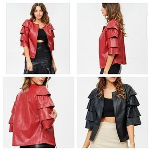 Ruffle Faux Leather 3/4 sleeve jacket